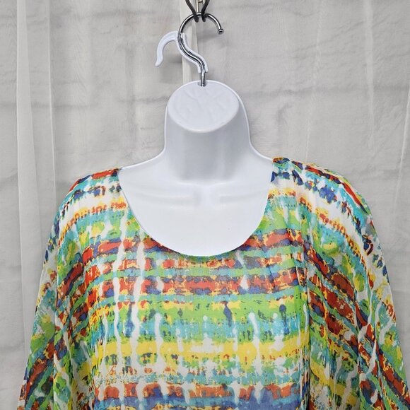 Signature Collection Green Blue Tie Dye Cape Blouse Boho Colorful Festival L - Picture 2 of 12